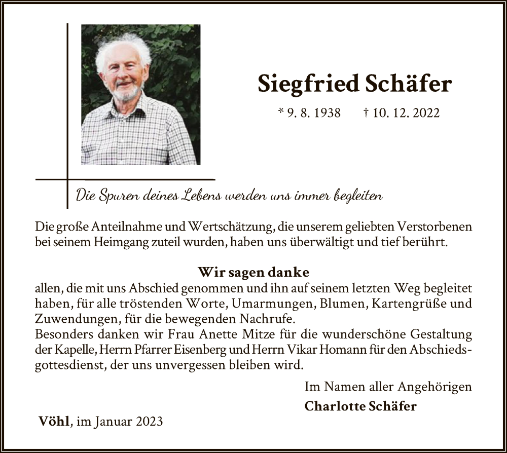  Traueranzeige für Siegfried Schäfer vom 25.01.2023 aus WLZ