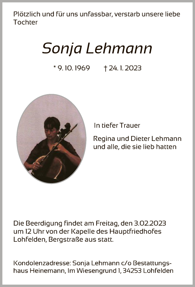  Traueranzeige für Sonja Lehmann vom 31.01.2023 aus HNA
