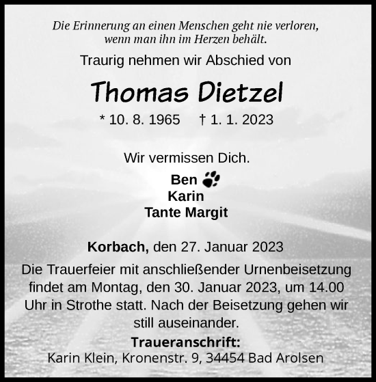 Traueranzeige von Thomas Dietzel von WLZ
