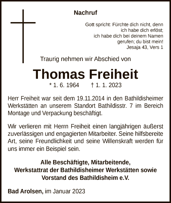 Traueranzeige von Thomas Freiheit von WLZ