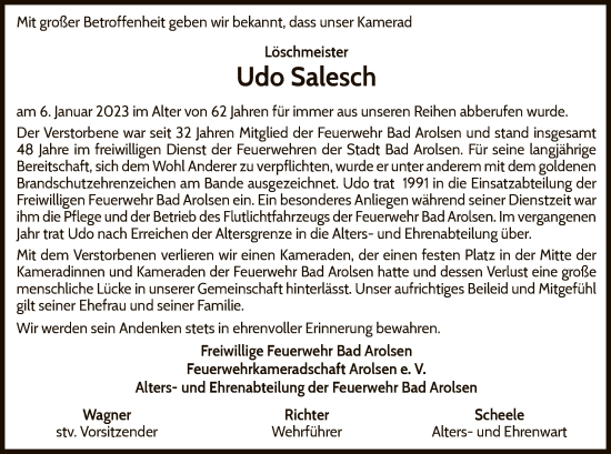 Traueranzeige von Udo Salesch von WLZ