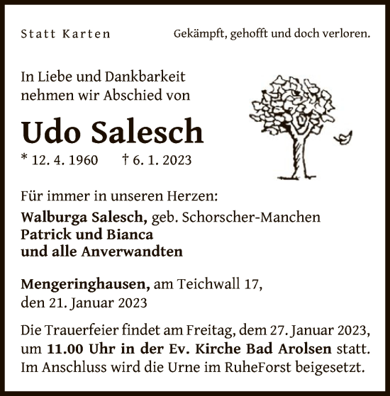 Traueranzeige von Udo Salesch von WLZ