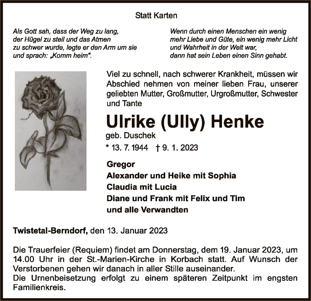  Traueranzeige für Ulrike Henke vom 13.01.2023 aus WLZ