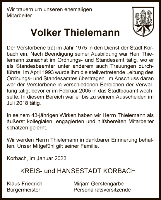Traueranzeige von Volker Thielemann von WLZ
