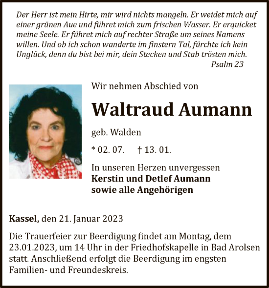 Traueranzeige von Waltraud Aumann von WLZ