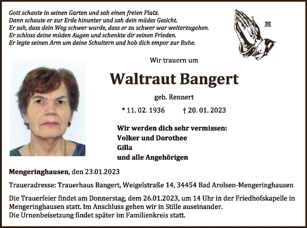  Traueranzeige für Waltraud Bangert vom 23.01.2023 aus WLZ
