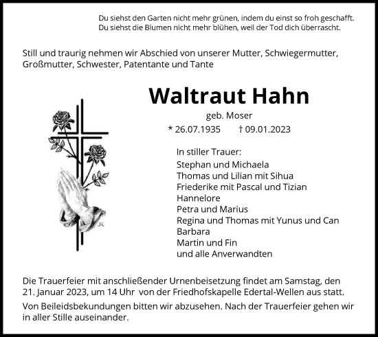 Traueranzeige von Waltraut Hahn von WLZ