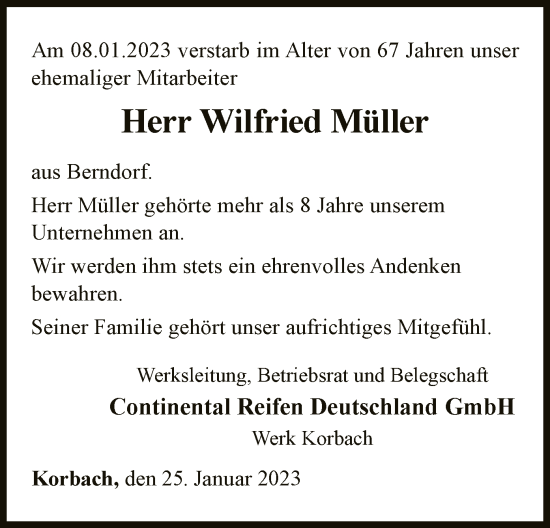 Traueranzeige von Wilfried Müller von WLZ