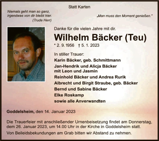 Traueranzeige von Wilhelm Bäcker von WLZ