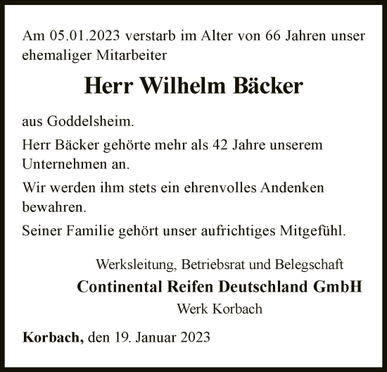 Traueranzeige von Wilhelm Bäcker von WLZ