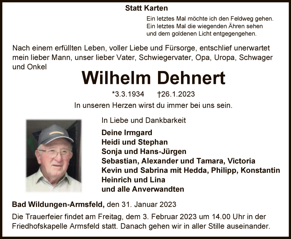  Traueranzeige für Wilhelm Dehnert vom 31.01.2023 aus WLZ