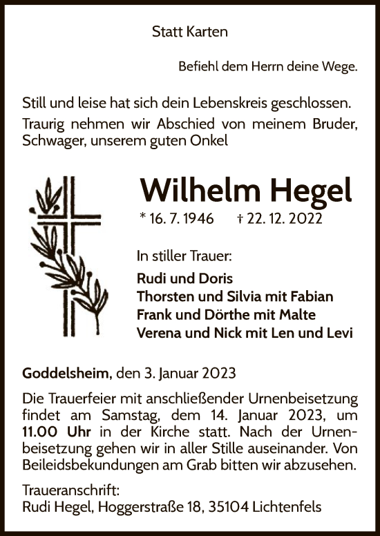 Traueranzeige von Wilhelm Hegel von WLZ