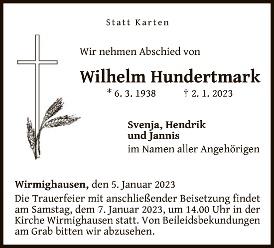 Traueranzeige von Wilhelm Hundertmark von WLZ