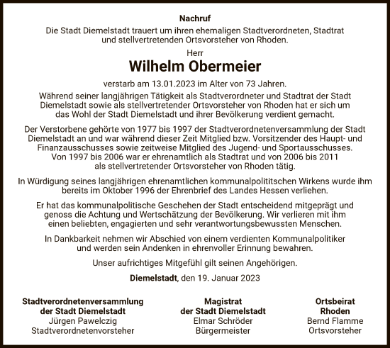 Traueranzeige von Wilhelm Obermeier von WLZ