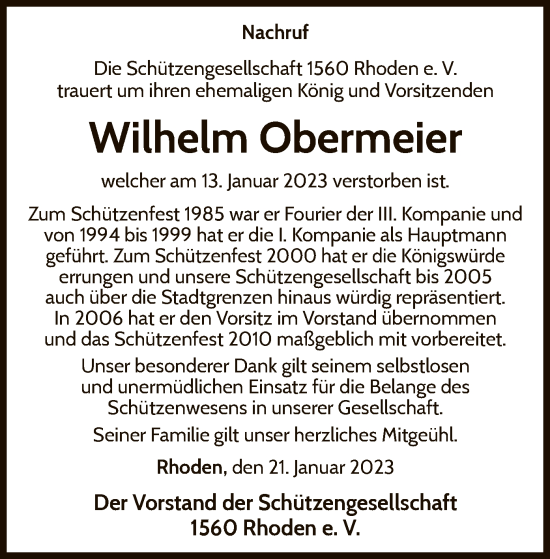 Traueranzeige von Wilhelm Obermeier von WLZ