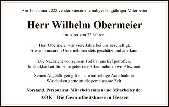 Traueranzeige von Wilhelm Obermeier von WLZ