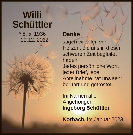 Traueranzeige von Willi Schüttler von WLZ