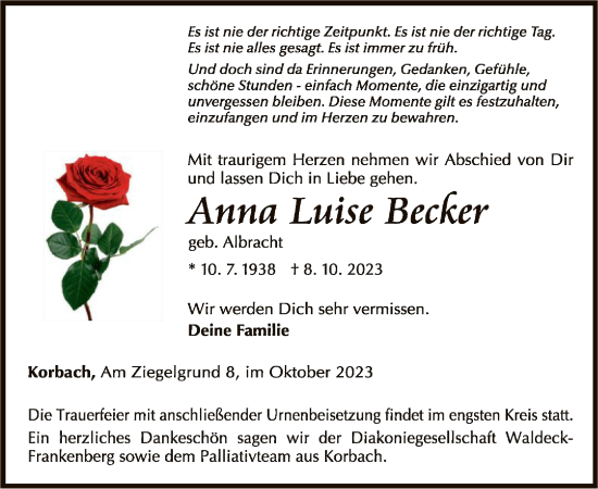 Traueranzeige von Anna Luise Becker von WLZ