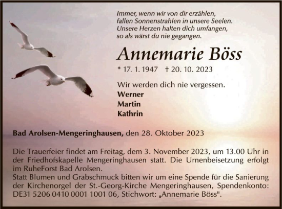 Traueranzeige von Annemarie Böss von WLZ