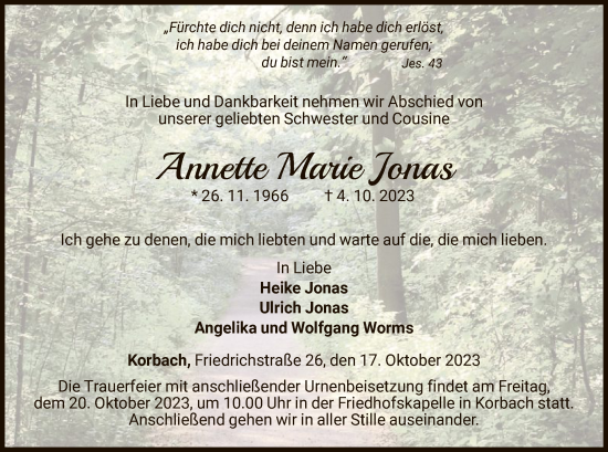 Traueranzeige von Annette Marie Jonas von WLZ