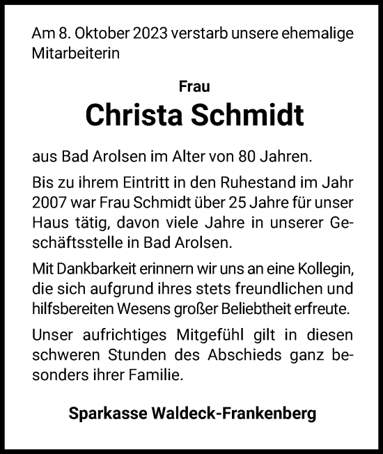 Traueranzeige von Christa Schmidt von WLZ