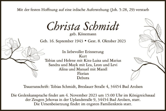 Traueranzeige von Christa Schmidt von WLZ