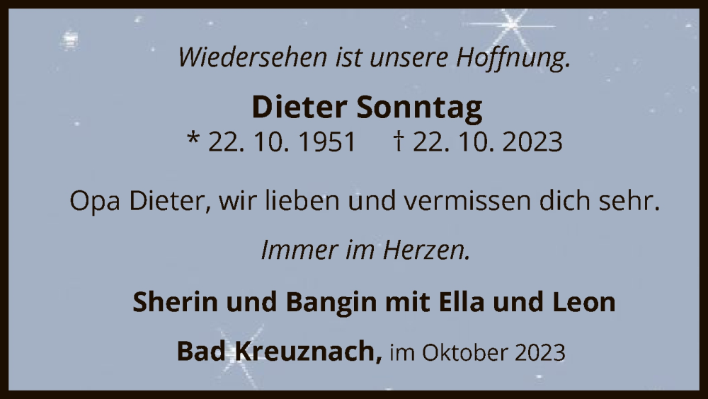  Traueranzeige für Dieter Sonntag vom 28.10.2023 aus WLZ