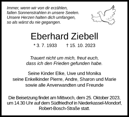 Traueranzeige von Eberhard Ziebell von WLZ