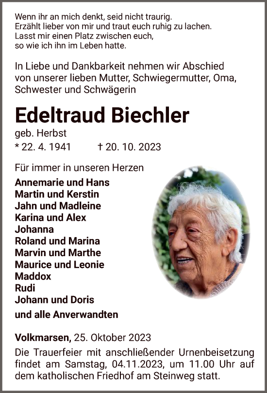 Traueranzeige von Edeltraud Biechler von WLZ