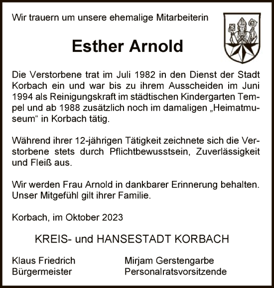 Traueranzeige von Esther Arnold von WLZ