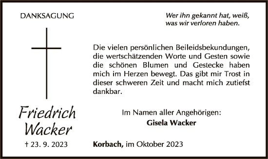 Traueranzeige von Friedrich Wacker von WLZ