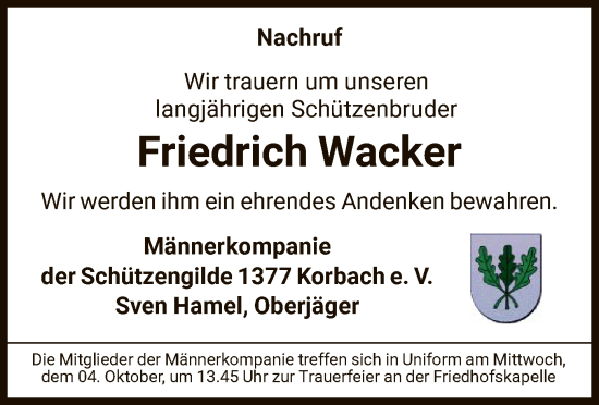 Traueranzeige von Friedrich Wacker von WLZ