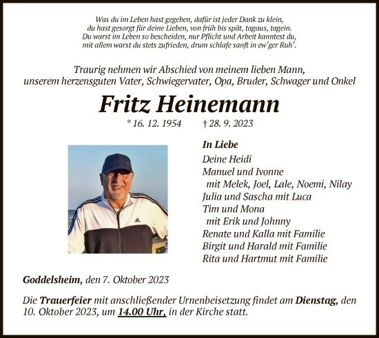 Traueranzeige von Fritz Heinemann von WLZ