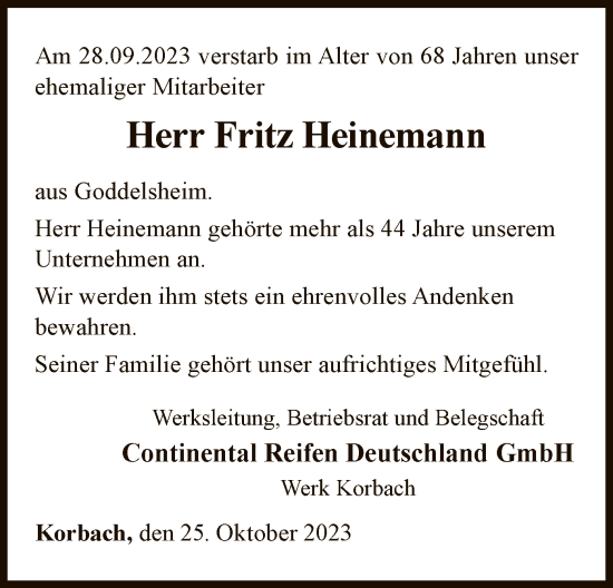 Traueranzeige von Fritz Heinemann von WLZ