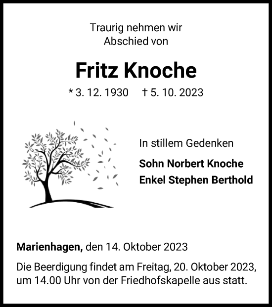 Traueranzeige von Fritz Knoche von WLZ