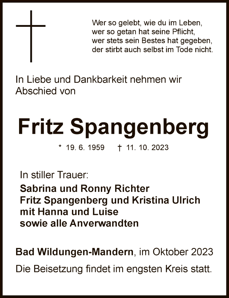  Traueranzeige für Fritz Spangenberg vom 14.10.2023 aus WLZ