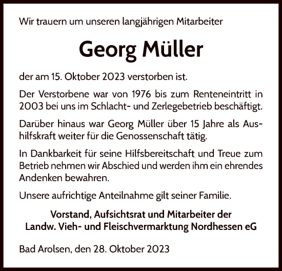 Traueranzeige von Georg Müller von WLZ