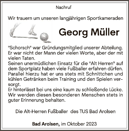Traueranzeige von Georg Müller von WLZ