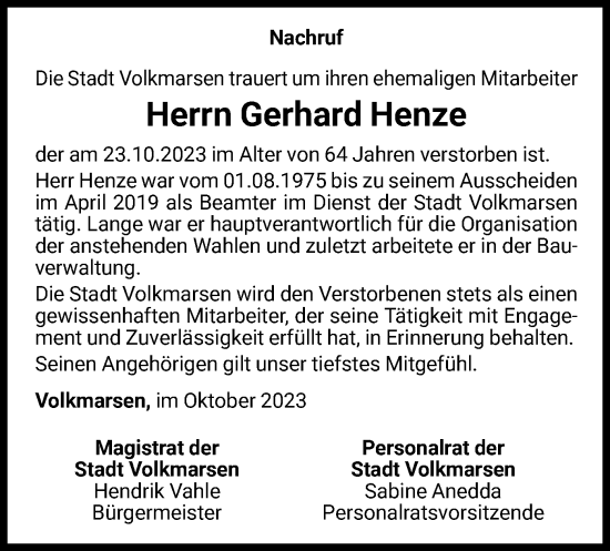 Traueranzeige von Gerhard Henze von WLZ
