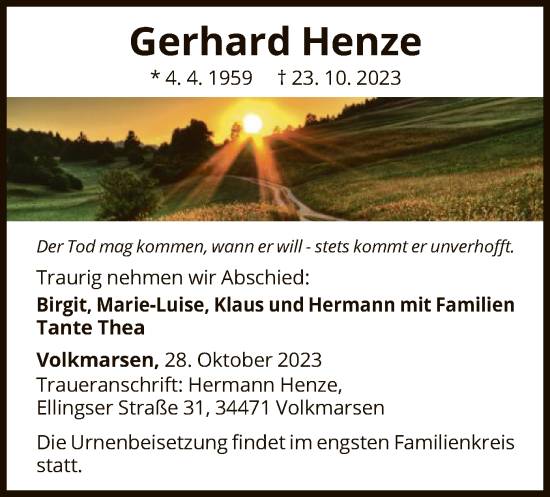 Traueranzeige von Gerhard Henze von WLZ