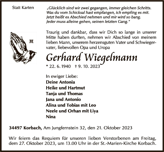 Traueranzeige von Gerhard Wiegelmann von WLZ