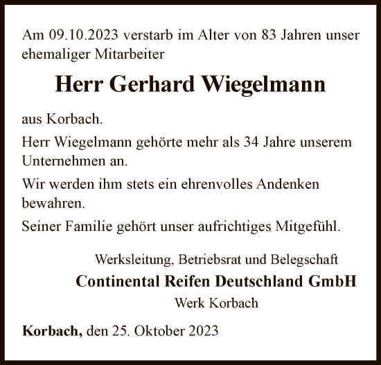 Traueranzeige von Gerhard Wiegelmann von WLZ