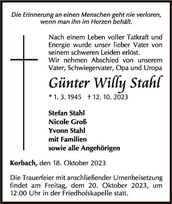 Traueranzeige von Günter Willy Stahl von WLZ