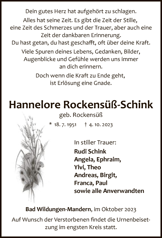 Traueranzeige von Hannelore Rockensüß-Schink von WLZ