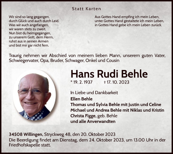 Traueranzeige von Hans Rudi Behle von WLZ