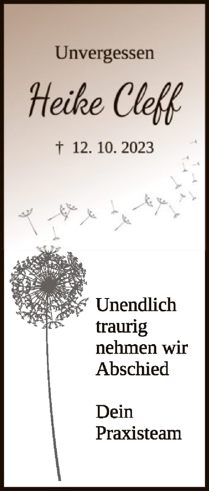  Traueranzeige für Heike Cleff vom 21.10.2023 aus WLZ