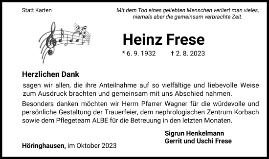 Traueranzeige von Heinz Frese von WLZ