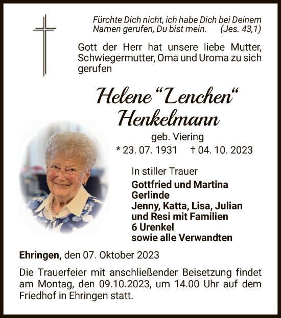 Traueranzeige von Helene Henkelmann von WLZHNA