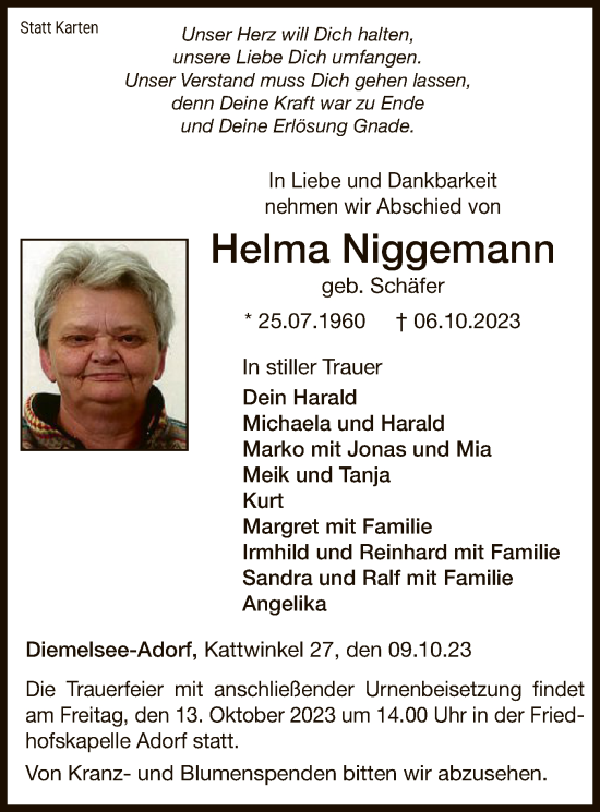 Traueranzeige von Helma Niggemann von WLZ