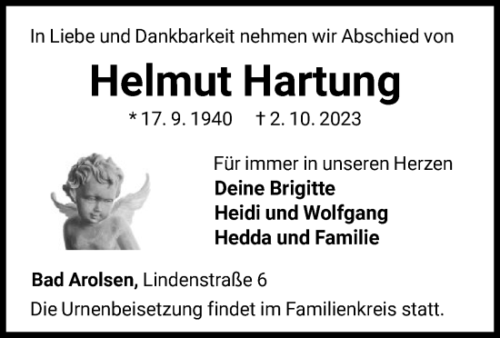 Traueranzeige von Helmut Hartung von WLZ